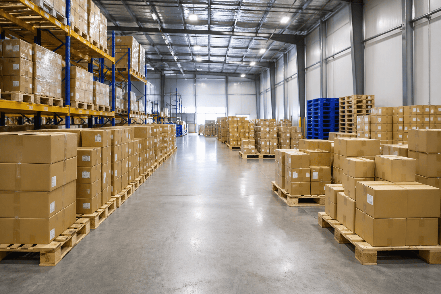 A warehouse with boxes ready for shipping, representing FBA logistics