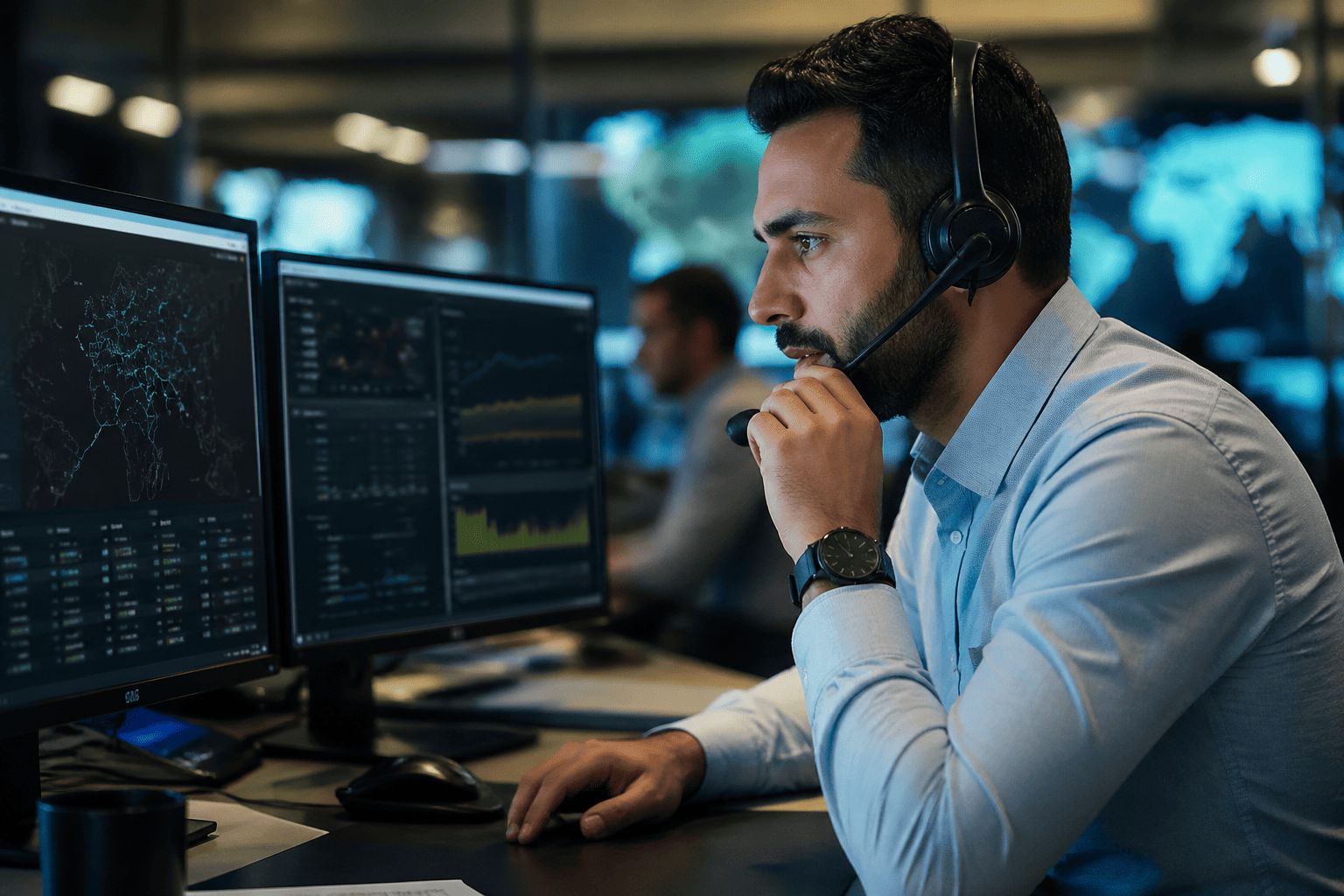 A logistics expert on the phone solving a shipping problem