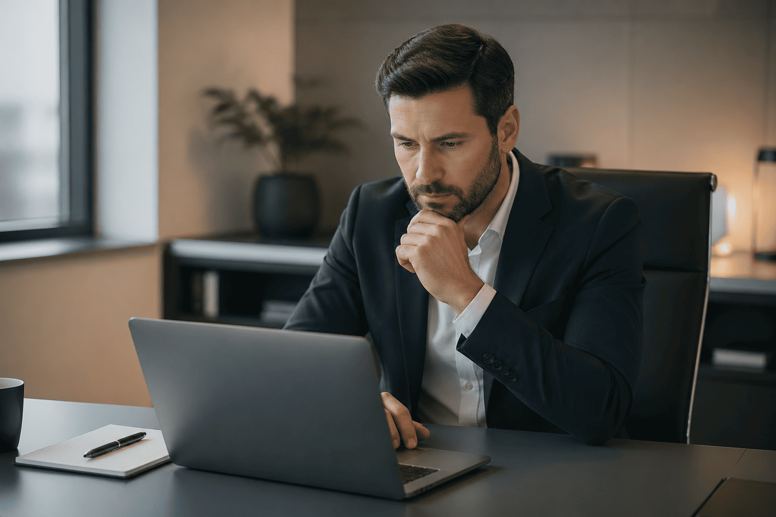 Businessman reviewing payment documents on a laptop