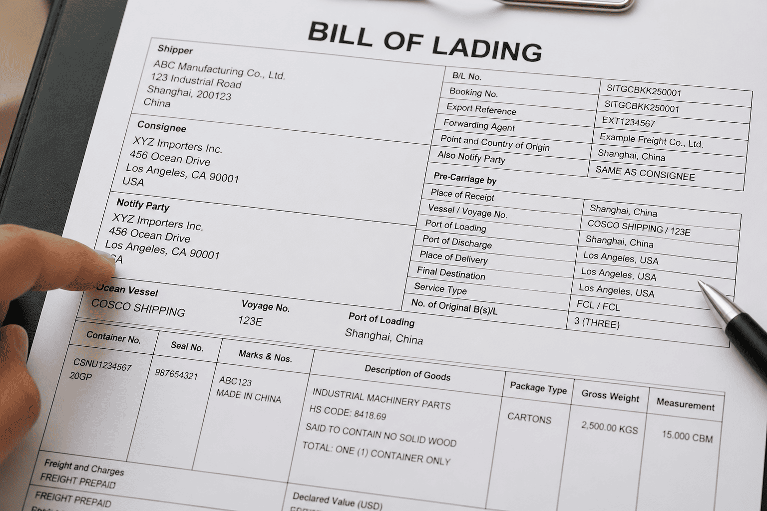 A close-up of a Bill of Lading document