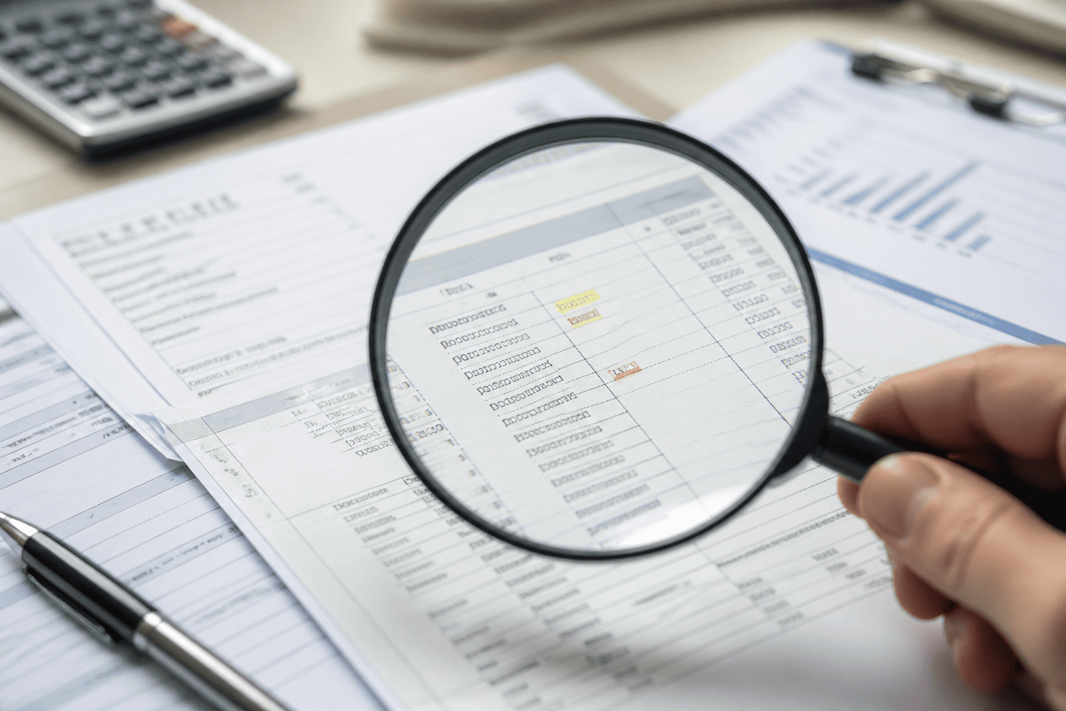 Magnifying glass over documents to check for inconsistencies