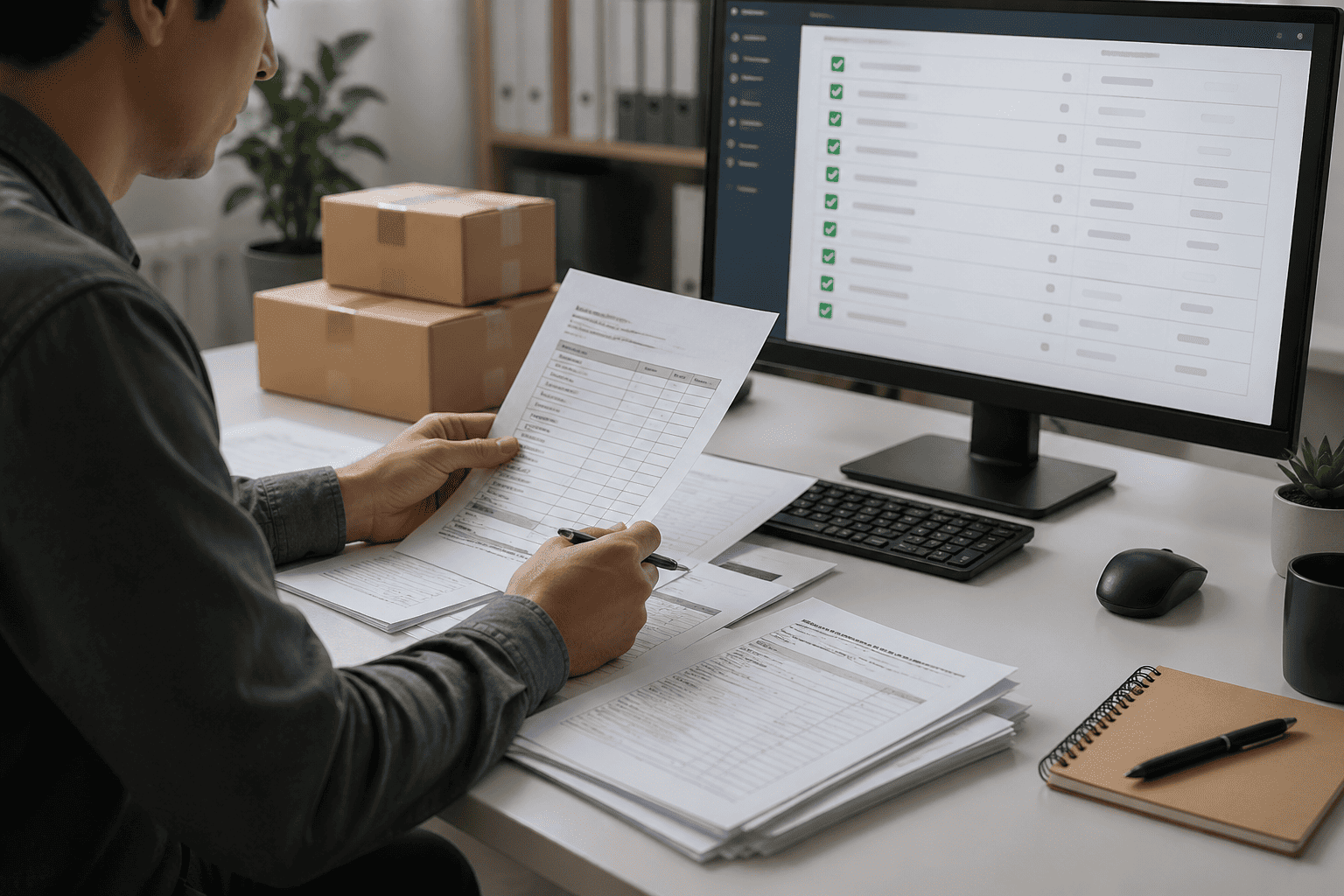 A customs officer inspecting documents on a clipboard in a warehouse.