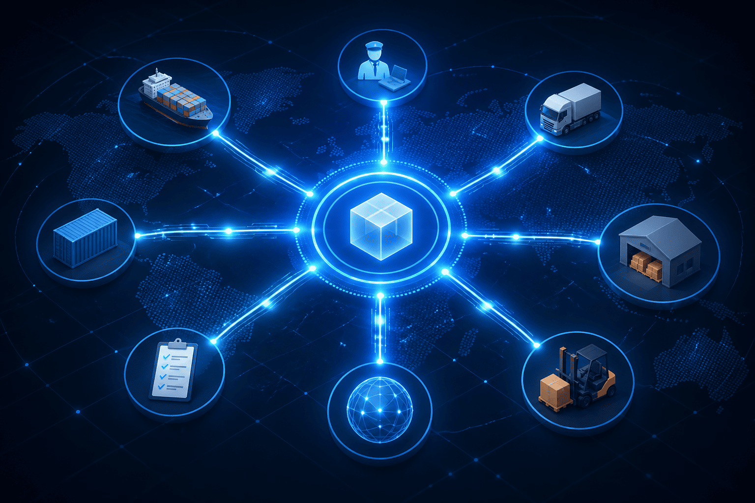 A diagram showing a central hub connecting multiple parties like shipper, customs, and trucking.