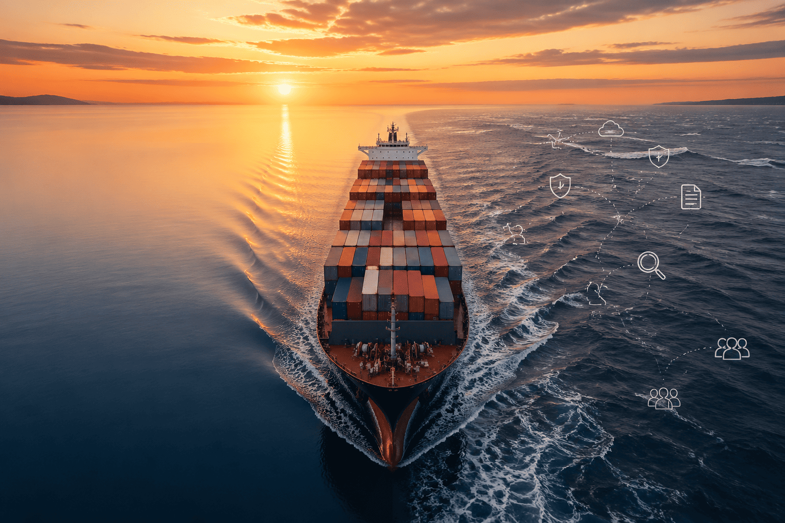 A container ship on the ocean with logos for DDP and DDU superimposed