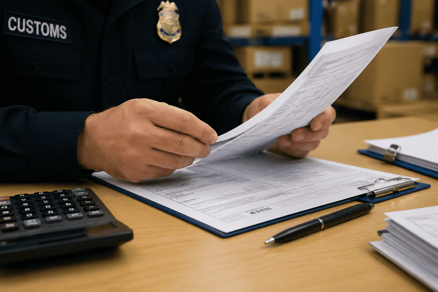 A customs officer inspecting shipping documents