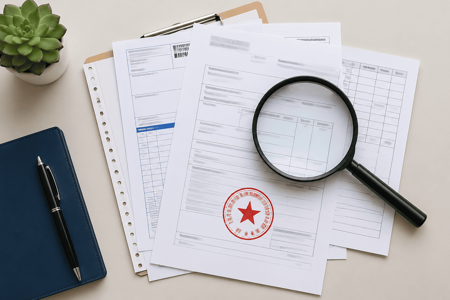 A magnifying glass hovering over shipping documents and a customs stamp