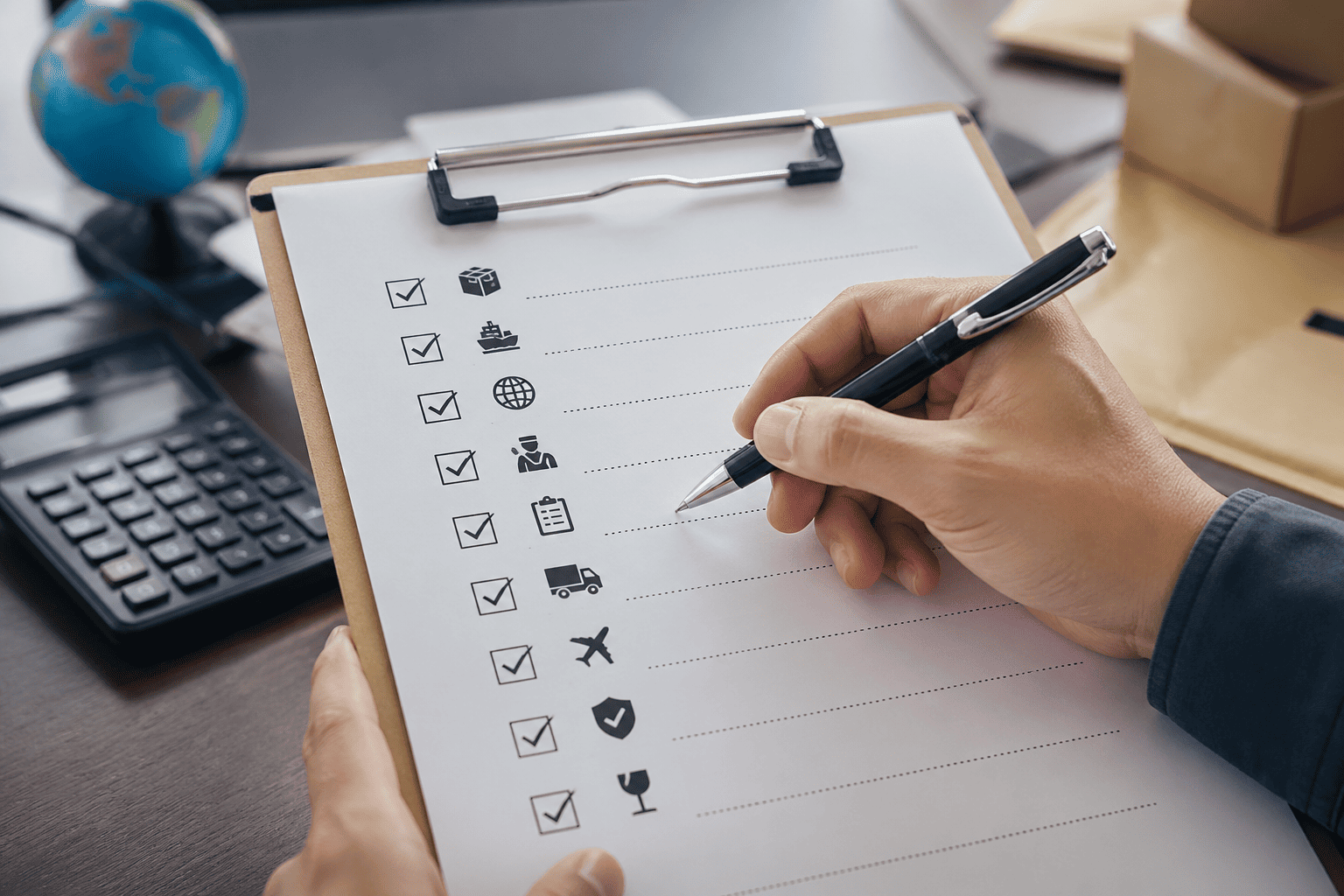 A person ticking off items on a pre-shipment checklist on a clipboard