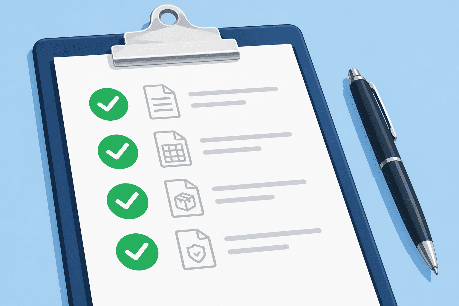 A checklist of shipping documents with green checkmarks