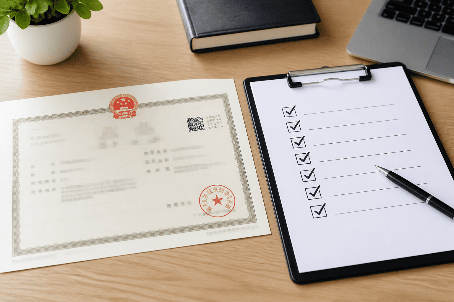 A business license document next to a checklist