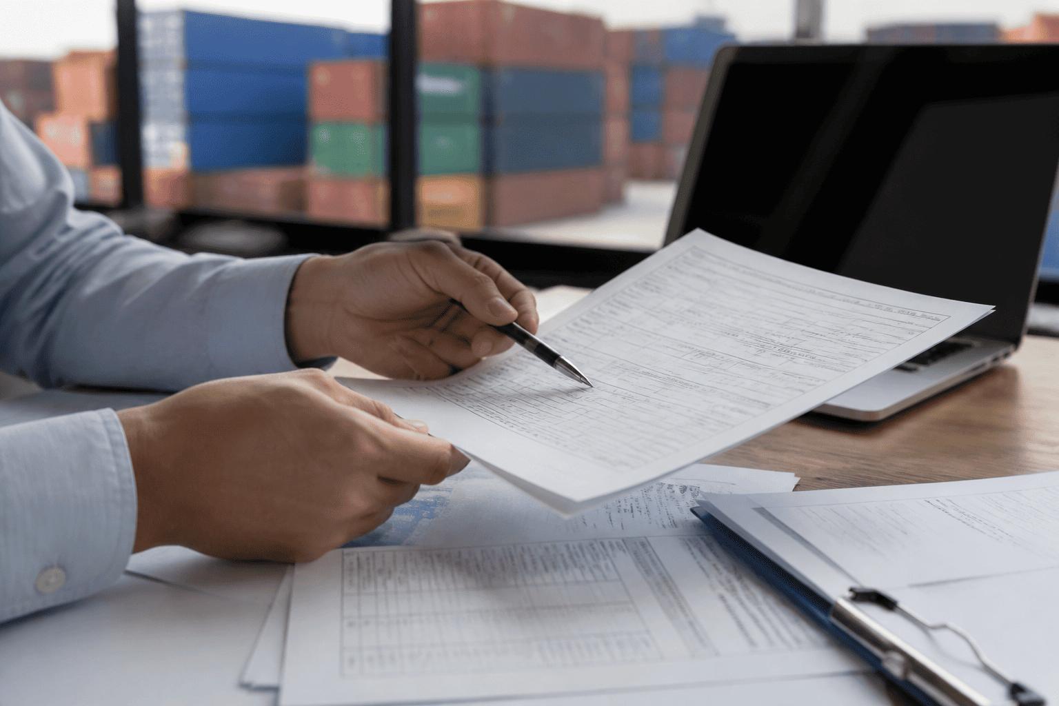 A freight forwarder pointing out an error on a shipping document