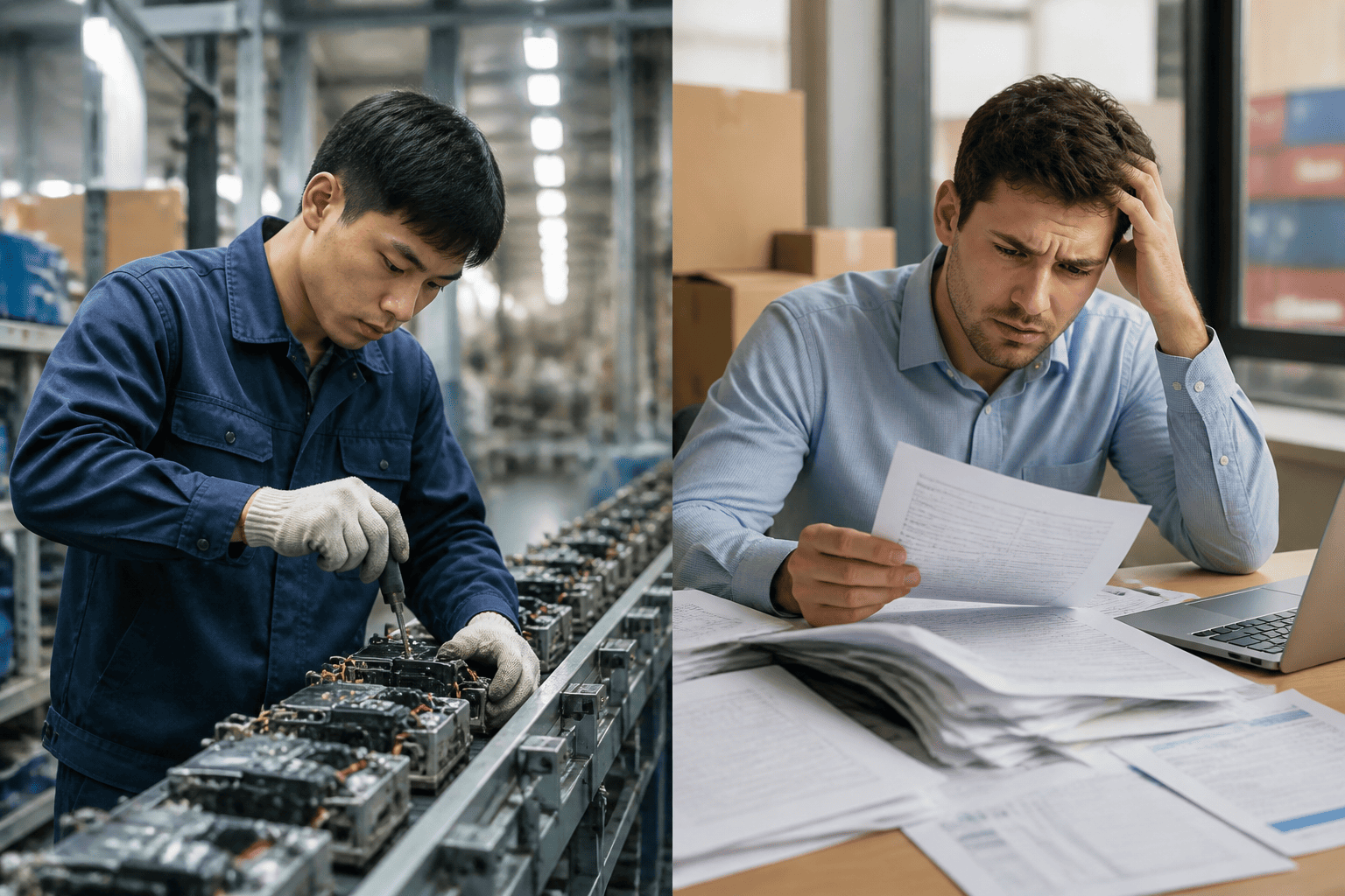 A factory worker making a product juxtaposed with a confused person looking at shipping labels