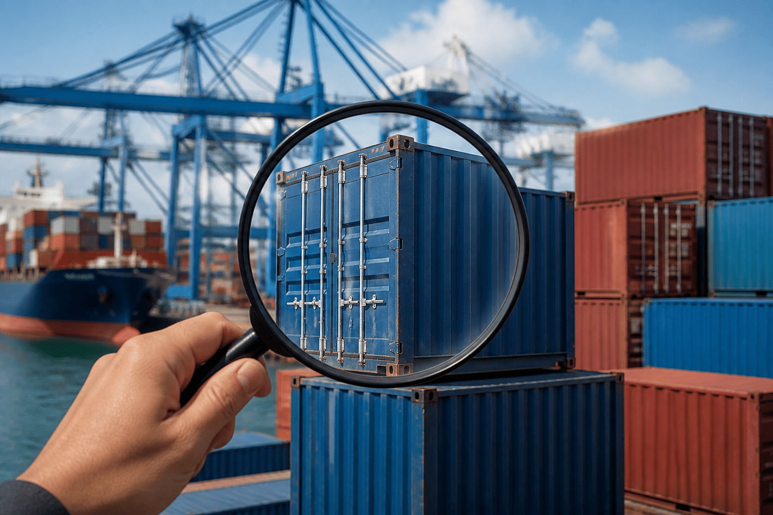 A magnifying glass inspecting a shipping container, symbolizing supplier due diligence